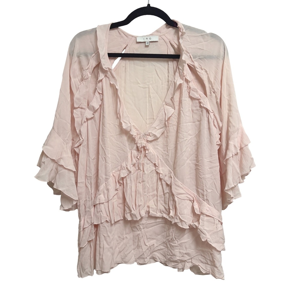 IRO Abby Ruffle Blouse Romantic Pale Pink V-Neck Tiered Sleeve Top Size 40